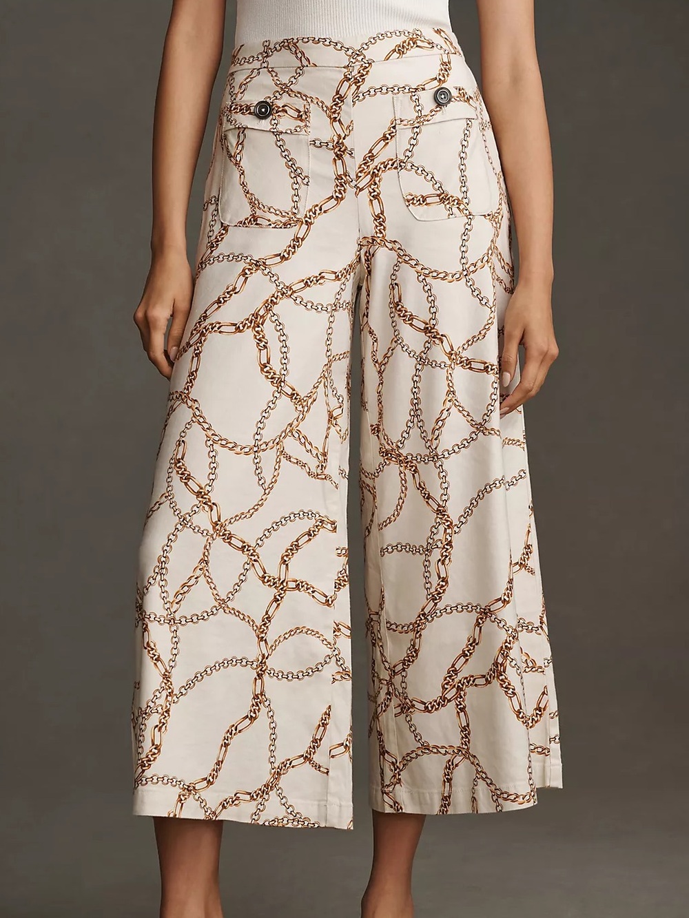 Anthropologie Printed Palazzo Pants Chain Pattern White Gold Wide Leg Linen 8
